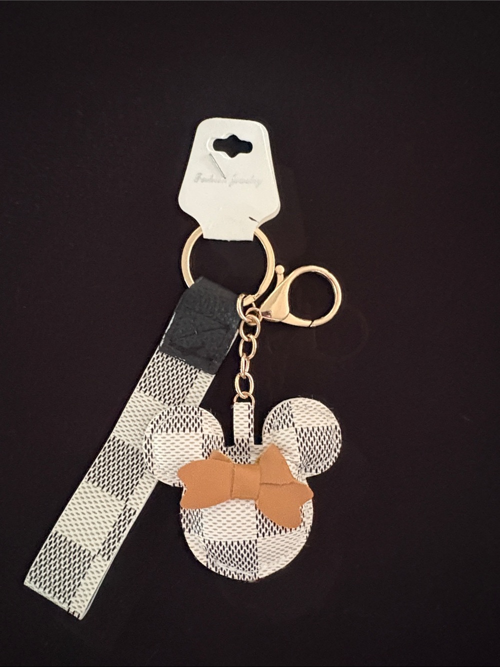 Black & White Fashion Minnie Mouse Keychain Bag Charm with Tan Bow